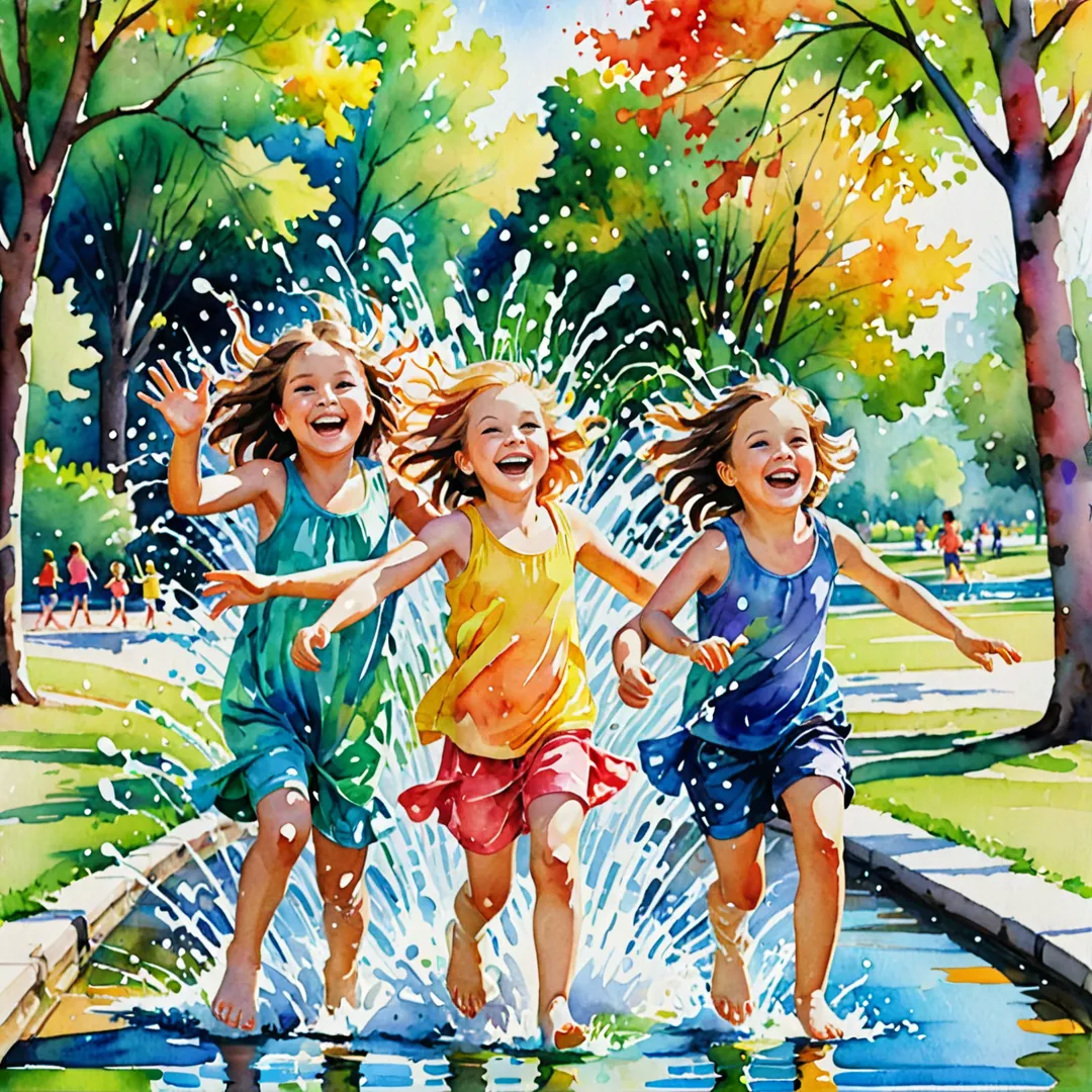 ildren, playing, in, a, park, vibrant, colors, trees, water, splashing, laughing, carefree, joyful, sunny, relaxed, friends