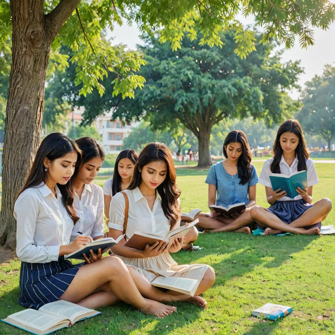  group of students sitting on a grassy lawn, engrossed in their textbooks under the shade of a tree. The sun casts a warm glow over the scene, while the gentle breeze rustles the leaves. Watercolor painting style.