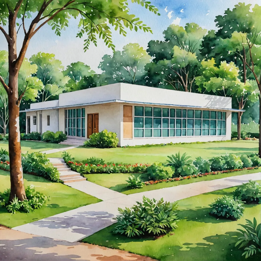 hoto of a modern school building, surrounded by lush greenery and open spaces, situated in a bustling neighborhood with tall trees providing shade, showcasing the perfect balance between education and nature.