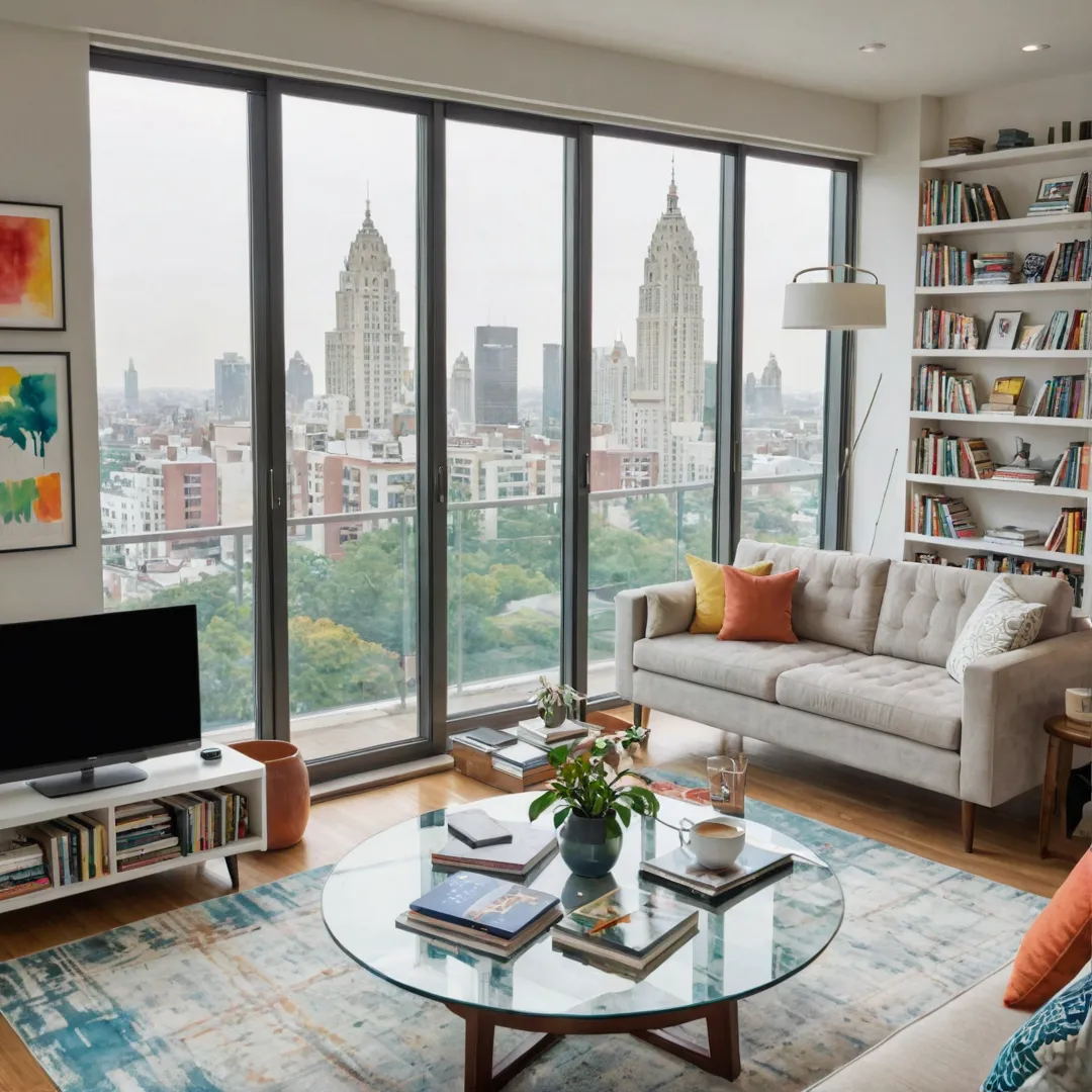 iving room with floor to ceiling windows, overlooking bustling cityscape, modern furniture, warm lighting, laptop on coffee table, bookshelf filled with books, artwork on walls, comfortable seating arrangement, high-speed internet connection.