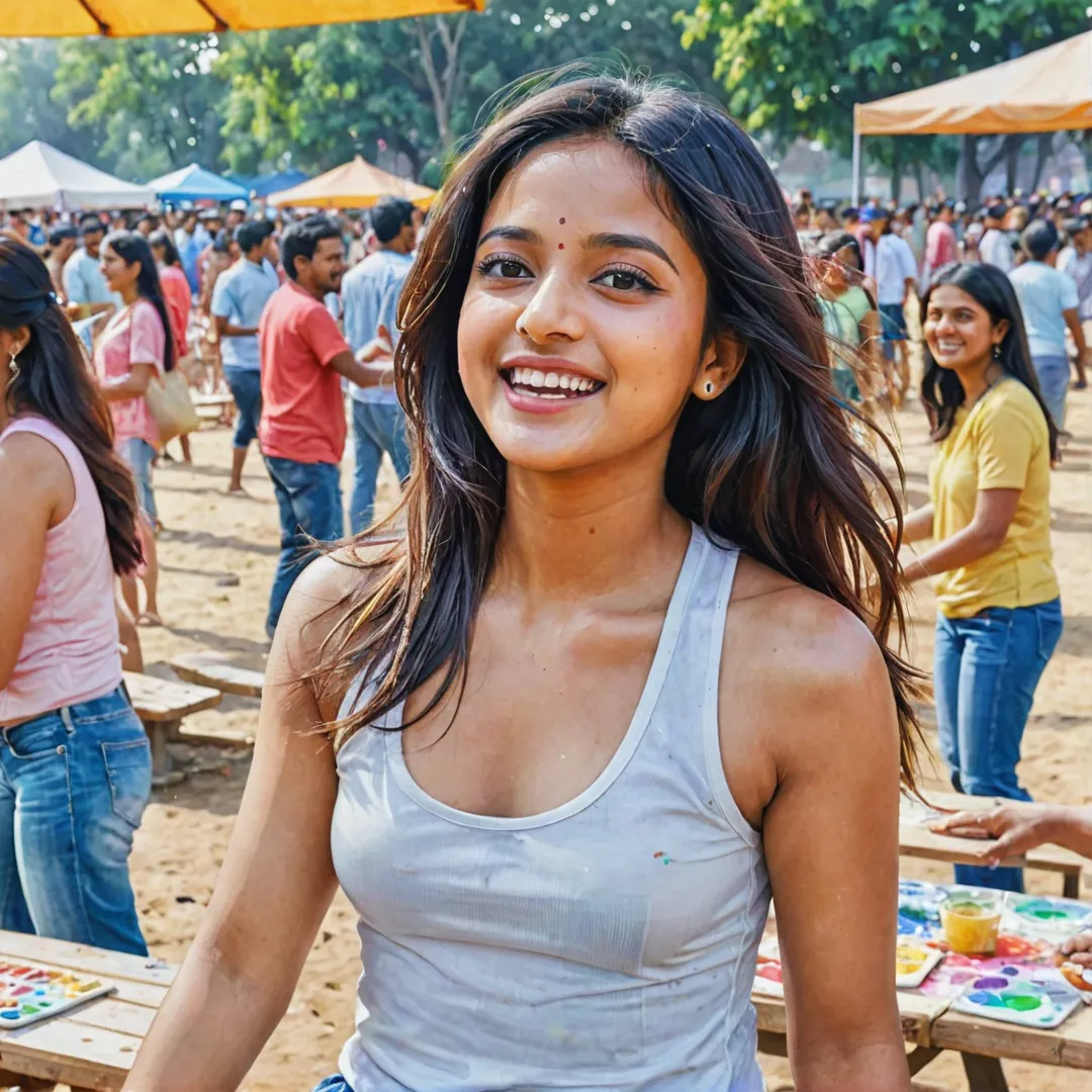 olorful, vibrant, lively, people, gathering, laughing, joyous, community, spirit, watercolor painting, Alita Multipurpose Maidan, playground equipment, picnic tables, games in progress