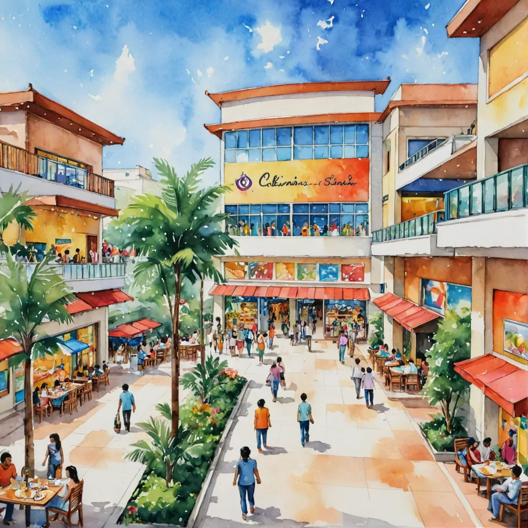 eople shopping at a mall, families walking around, various stores and restaurants, bright lights, colorful displays, children playing in play areas, movie posters advertising latest releases, food court with diverse cuisines, outdoor seating area, landscaped gardens, lively atmosphere