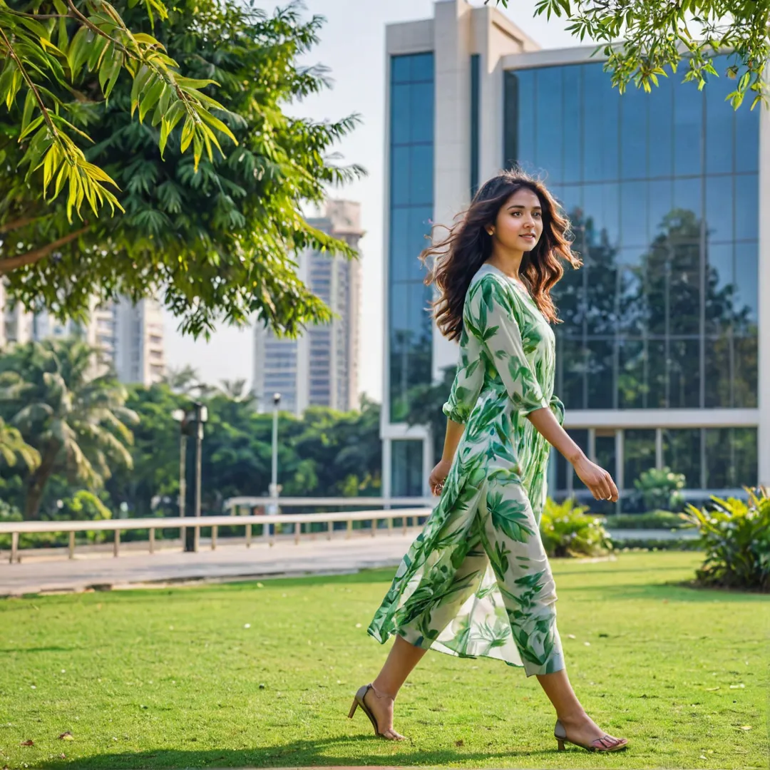  woman in a casual yet stylish outfit, her hair flowing gently in the breeze, walks leisurely through a lush, green park. The sun casts warm golden light on the leaves and grass, creating an idyllic atmosphere. In the distance, she can see the vibrant International Tech Park Bangalore, where people are busy at work in modern buildings surrounded by sleek glass windows and state-of-the-art technology.