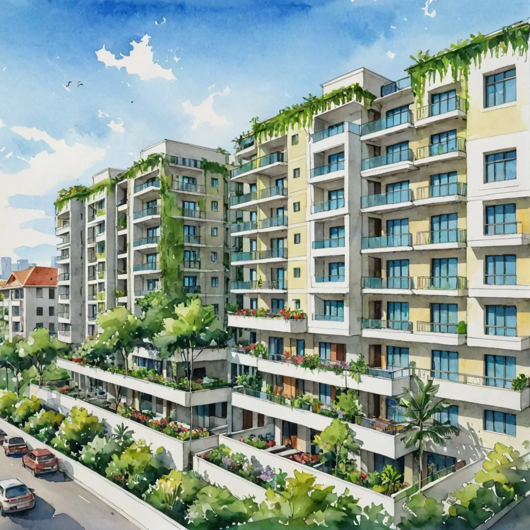 ush greenery, modern architecture, luxury apartments, spacious balconies, vibrant neighborhood, shopping malls, entertainment options, fine dining, open spaces, natural light, ventilation, convenience, comfort.