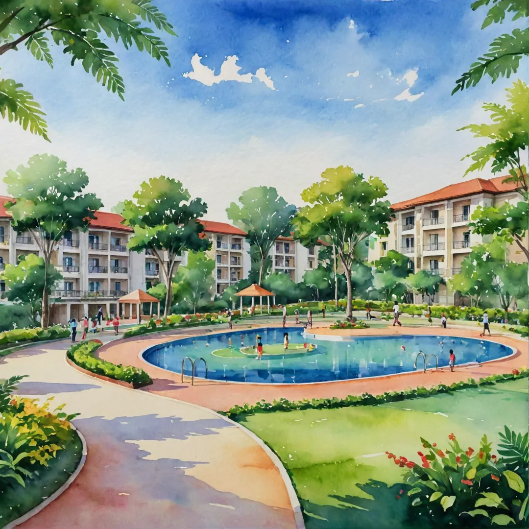 atercolor painting of a serene residential complex surrounded by lush greenery, showcasing a vibrant community center with people engaging in various activities, a well-maintained jogging track, and play areas for children, all under the soft glow of warm evening lights.