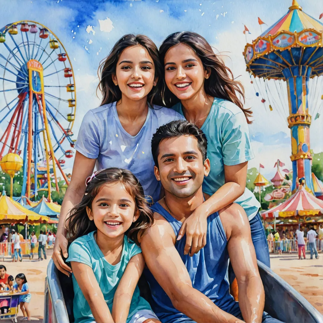 atercolor painting of a family having fun at an amusement park near Alita, with rides and games in the background, vibrant colors and happy expressions on their faces, capturing the essence of joy and togetherness.