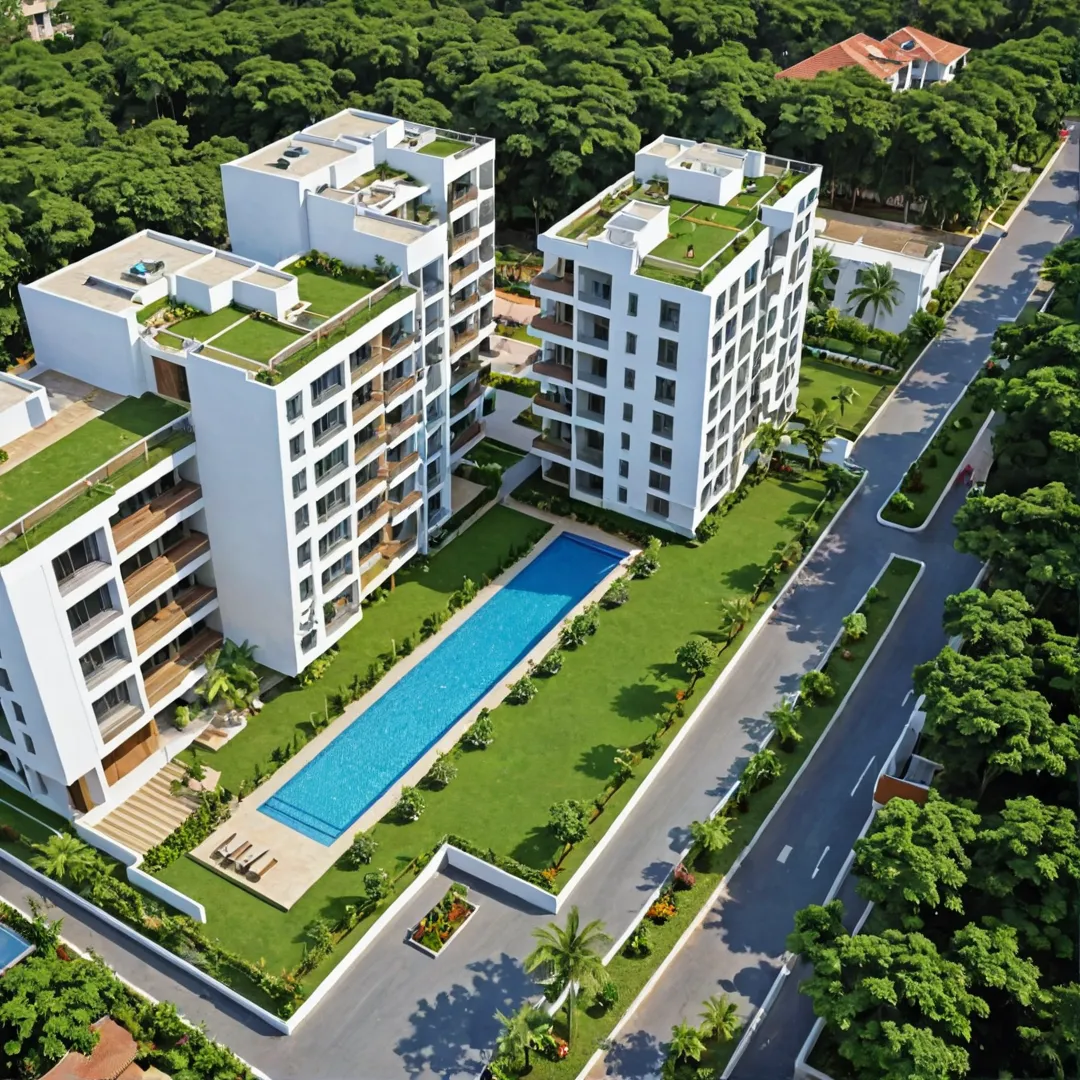 eautifully designed apartment complex with modern architecture, situated in an upscale neighborhood of Bangalore East. The image should feature lush greenery, well-maintained roads, and a vibrant community atmosphere. Residents can be seen enjoying various outdoor activities like jogging, cycling, or walking their pets while the infrastructure development around them adds to the bustling energy of the area.