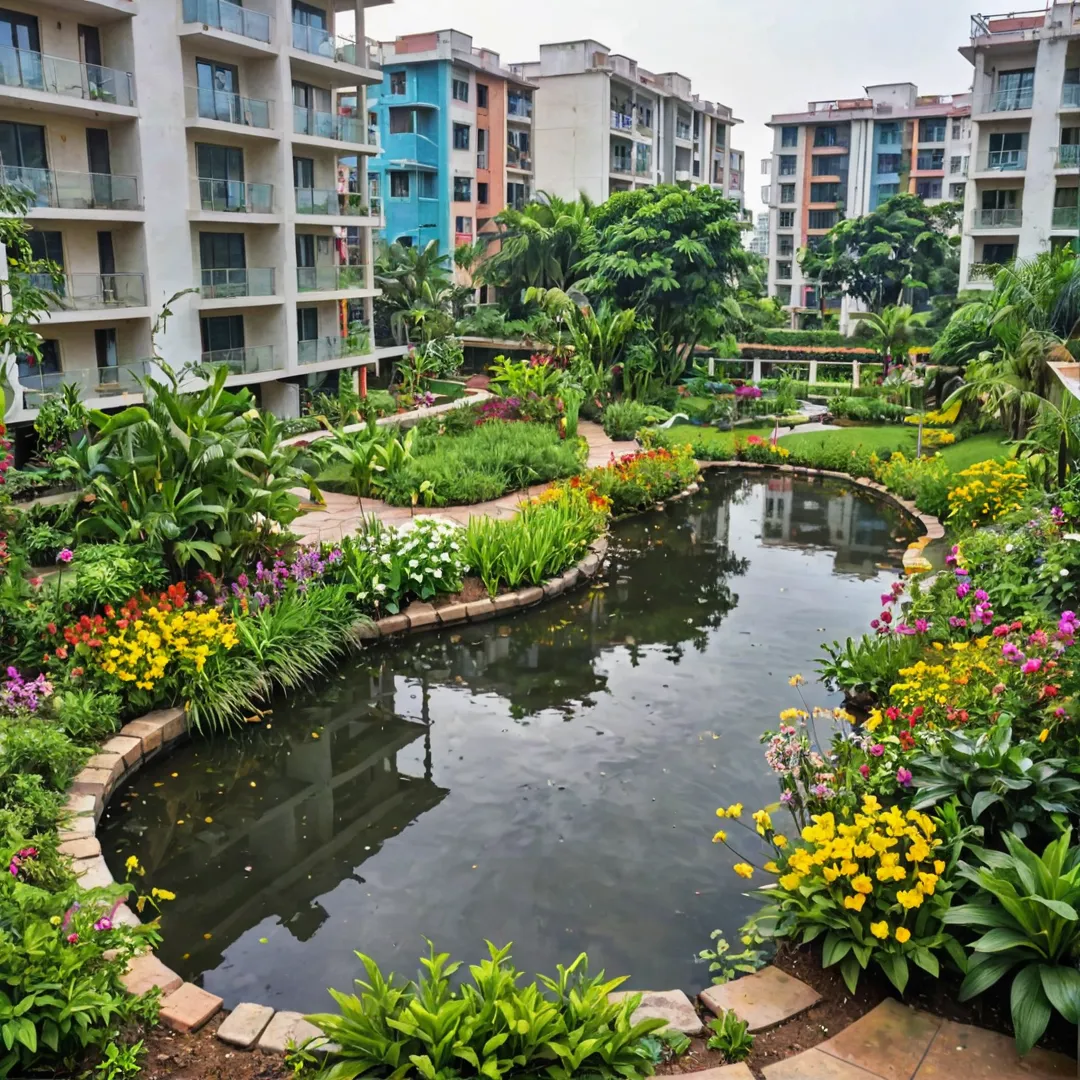  colorful, vibrant image of a rain garden in Alita, Bangalore East, showing various plants and flowers growing around a small body of water. The sun is shining down on the scene, creating a serene and peaceful atmosphere. In the background, there are modern residential buildings with balconies and windows that overlook the lush green landscape.