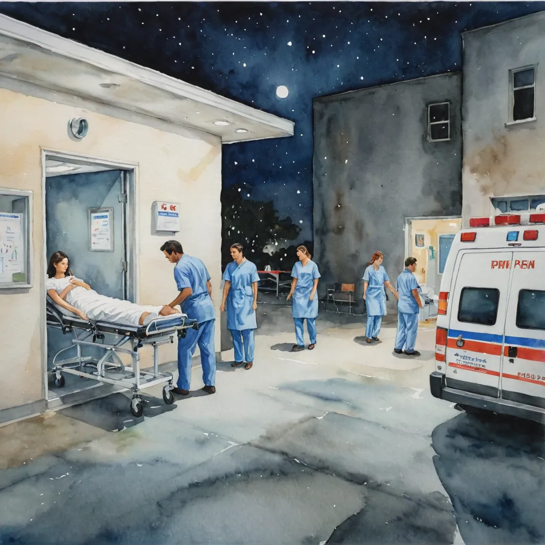 atercolor painting of an emergency room at night, with doctors and nurses hurriedly attending to patients while ambulances wait outside. The scene is brightly lit yet dimly lit at the same time, creating a sense of urgency and importance. The artwork should capture the dedication and professionalism of the medical staff as they work tirelessly to save lives in this fast-paced environment.