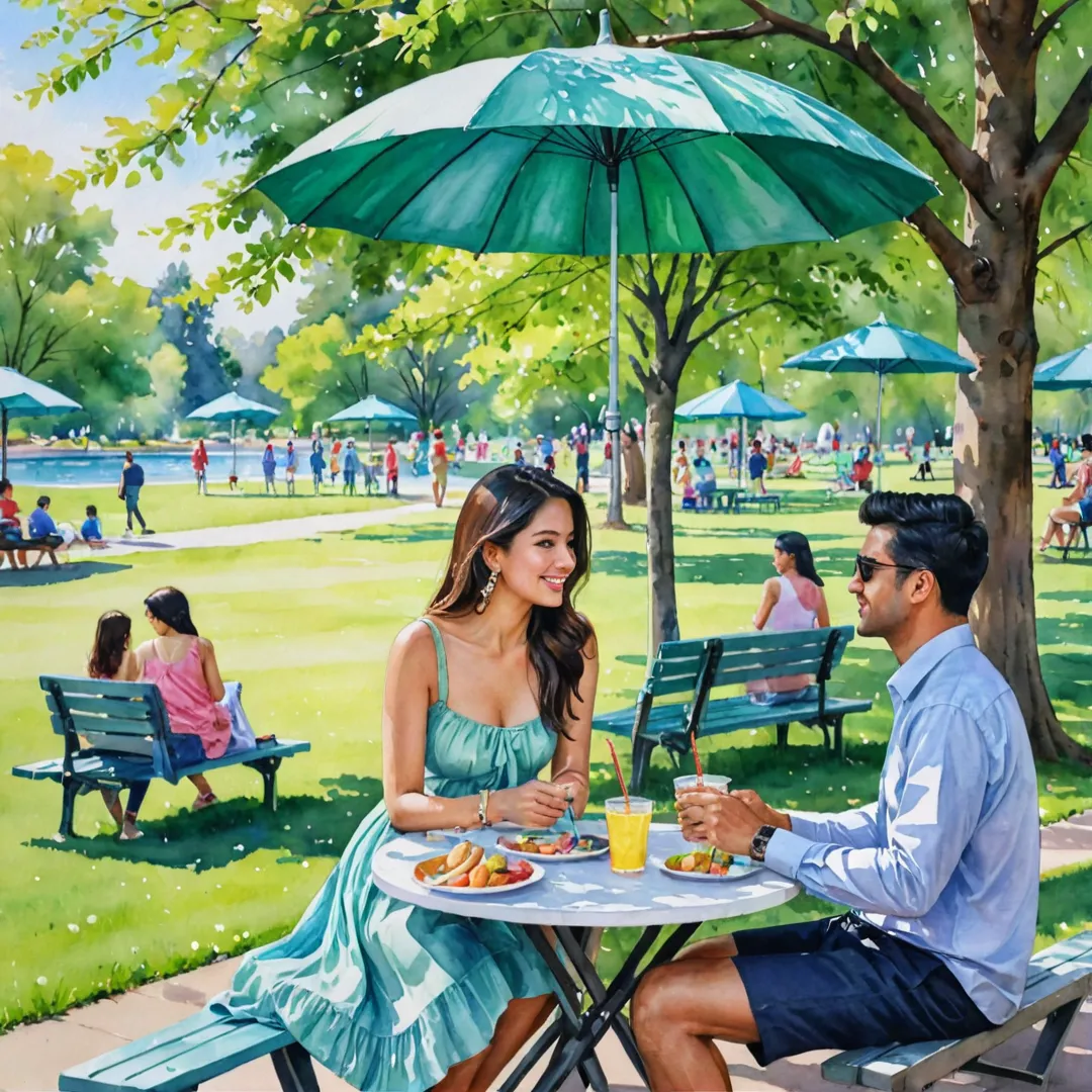 atercolor painting, urban park, sunny day, people, families, picnicking, tables, benches, green grass, trees, blossoms, colorful umbrellas, food, drinks, relaxation, laughter, community, socializing