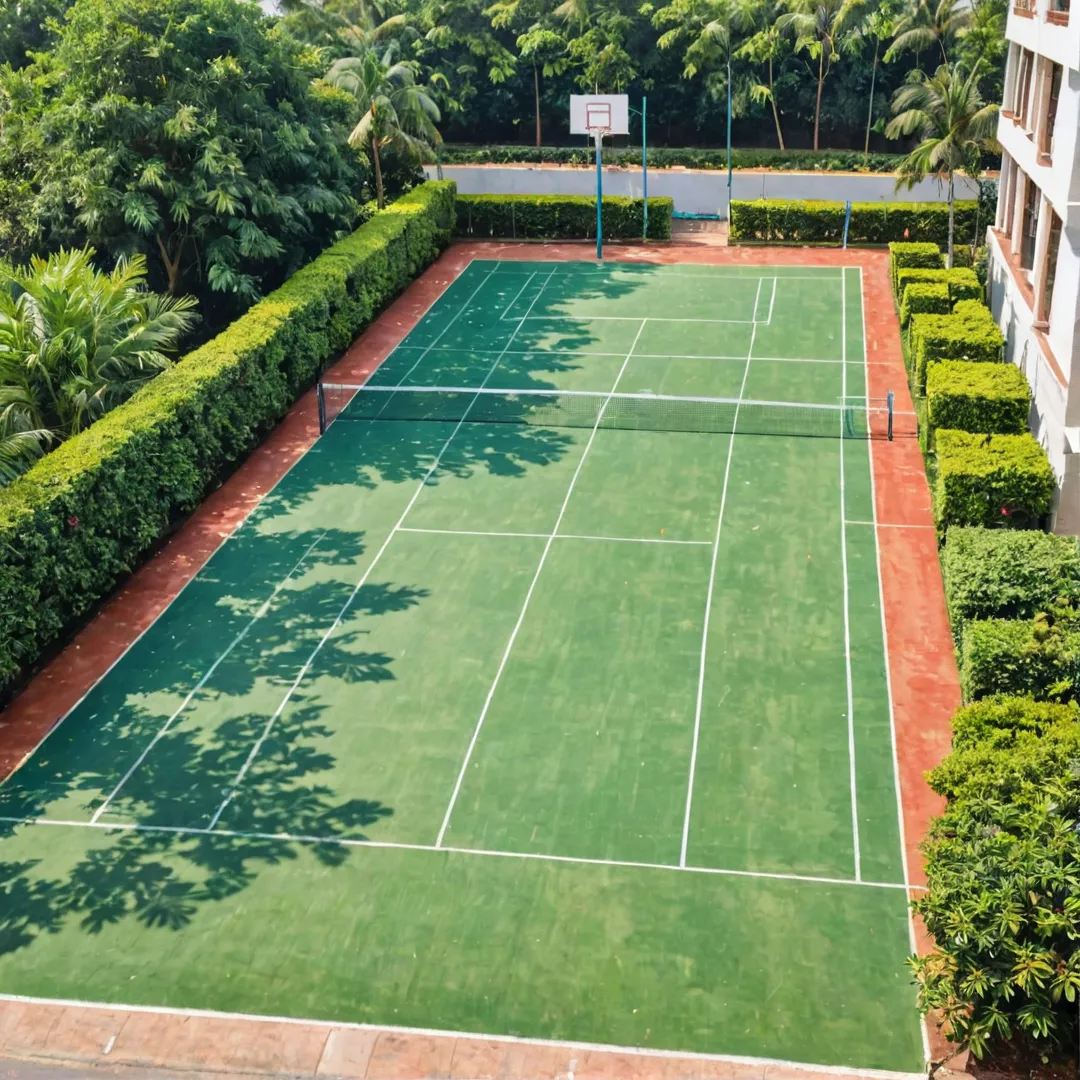 ctive residents playing sports, badminton court, basketball court, cricket pitch, running track, multipurpose ground, greenery, gated community, Bangalore East