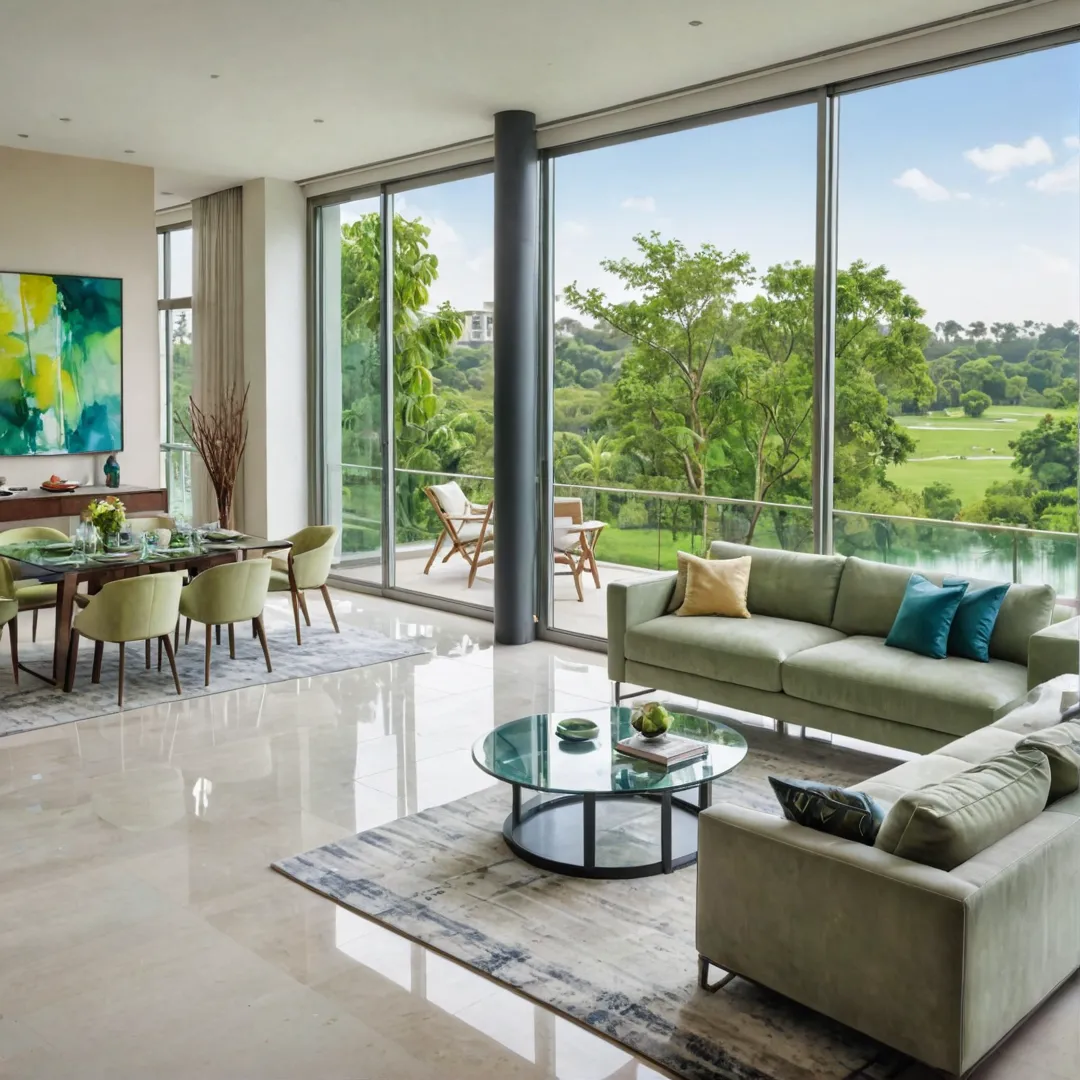 igh detailed image of a luxurious, modern apartment with floor-to-ceiling windows overlooking a lush green landscape. The room is filled with natural light and showcases sleek furniture, state-of-the-art appliances, and contemporary artwork on the walls.