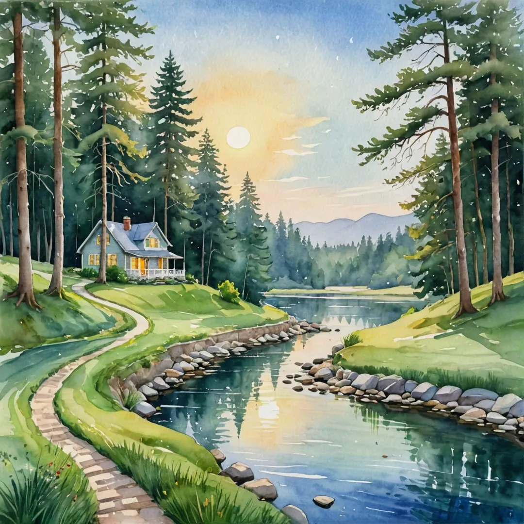 erene watercolor painting of a lush green landscape featuring a winding path surrounded by tall trees, a serpentine river with clear waters reflecting the blue sky, and a cozy cottage tucked away in the distance. The setting sun casts warm hues on the scenery, adding an air of tranquility to the image.