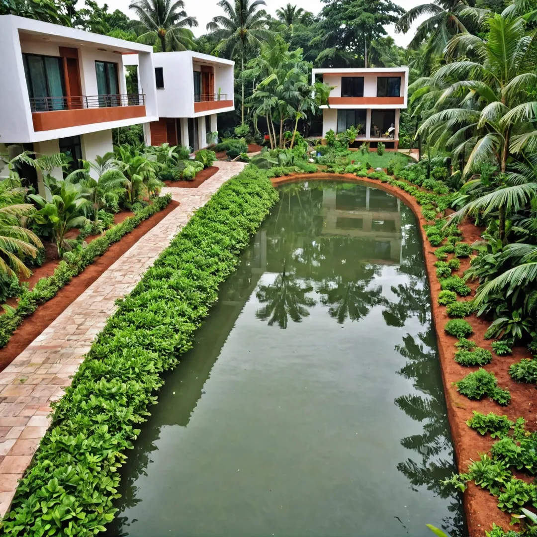 eautifully designed sustainable housing complex with modern architecture, surrounded by lush greenery and water bodies. Residents enjoying the serene environment, walking or cycling on well-maintained pathways. Rainwater harvesting systems in place, creating a peaceful soundscape of trickling water. Innovative use of red soil for landscaping, showcasing the commitment towards sustainable living and eco-friendly practices.