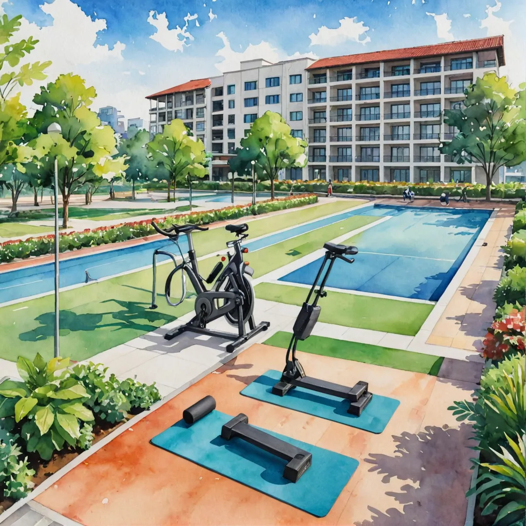 itness center, gym equipment, yoga mat, jogging track, outdoor workout, healthy living, urban environment, well-connected neighborhood, active lifestyle, cycling, walking, modern architecture, greenery, nature integration