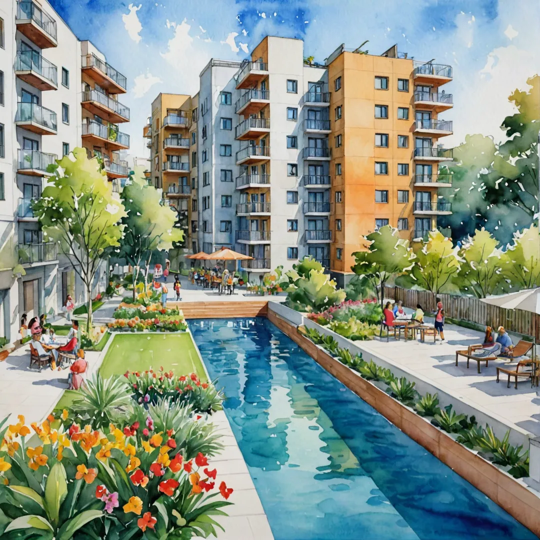 eamless integration of urban living and natural beauty, colorful flora, modern architecture, residents enjoying outdoor activities, social events in the community.