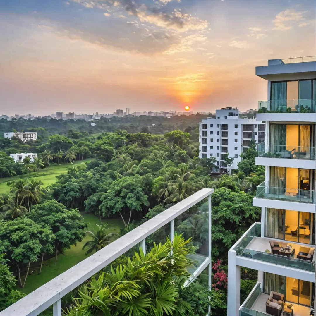 unset skyline view from luxury residential project Alita, Whitefield tech park in the distance, lush greenery surrounding building, modern architecture blends with nature, spacious balcony for relaxation, stylish furniture, clean lines, sophisticated design, inviting atmosphere