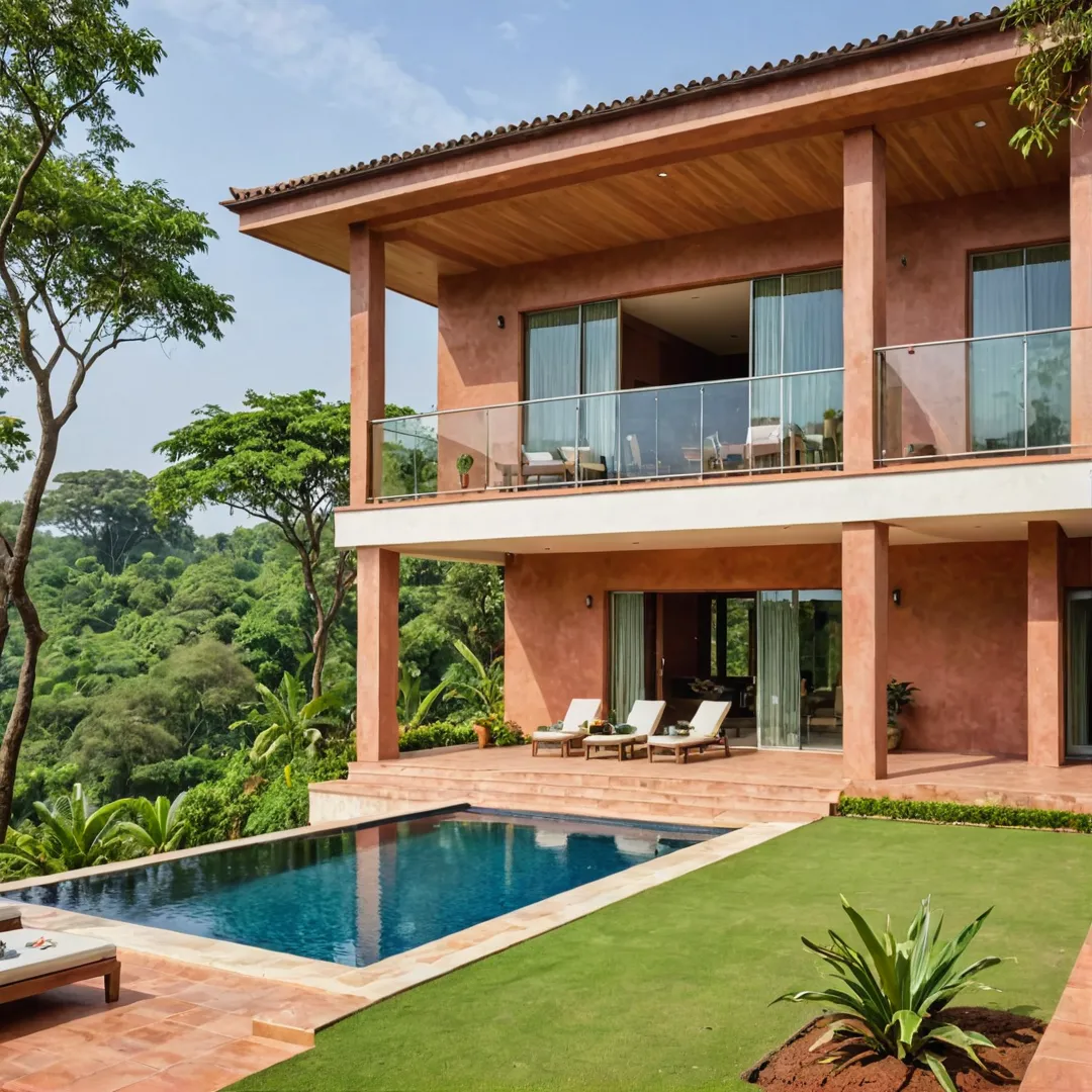 odern villa, red soil background, lush greenery, spacious living areas, open layout, luxurious interior design, expansive balcony overlooking landscape, serene atmosphere, sustainable architecture, eco-friendly features.