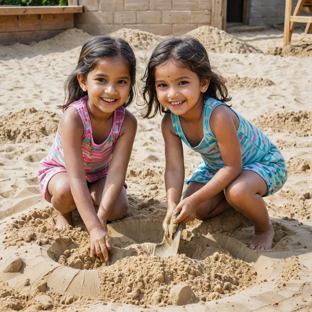 hildren playing in the sandpit, laughing, building castles, shoveling sand, digging holes.