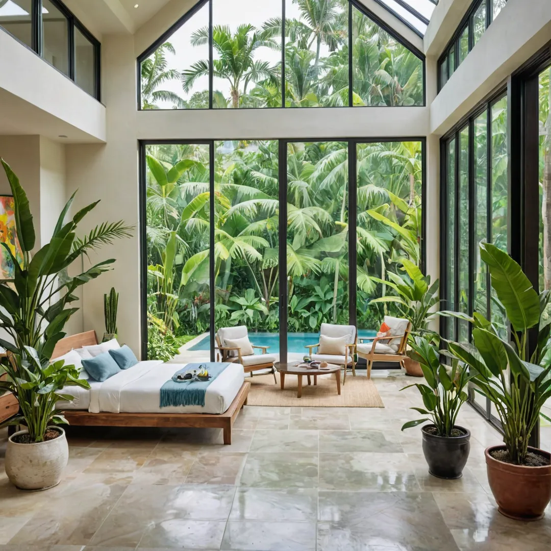 hoto of a tropical home with large windows, capturing ample natural light from the surrounding greenery. The image should showcase an open floor plan and thoughtful use of indoor plants to enhance the overall aesthetic. The camera angle should be from inside the house, looking out towards the landscape design, highlighting the harmonious integration of nature and architecture.