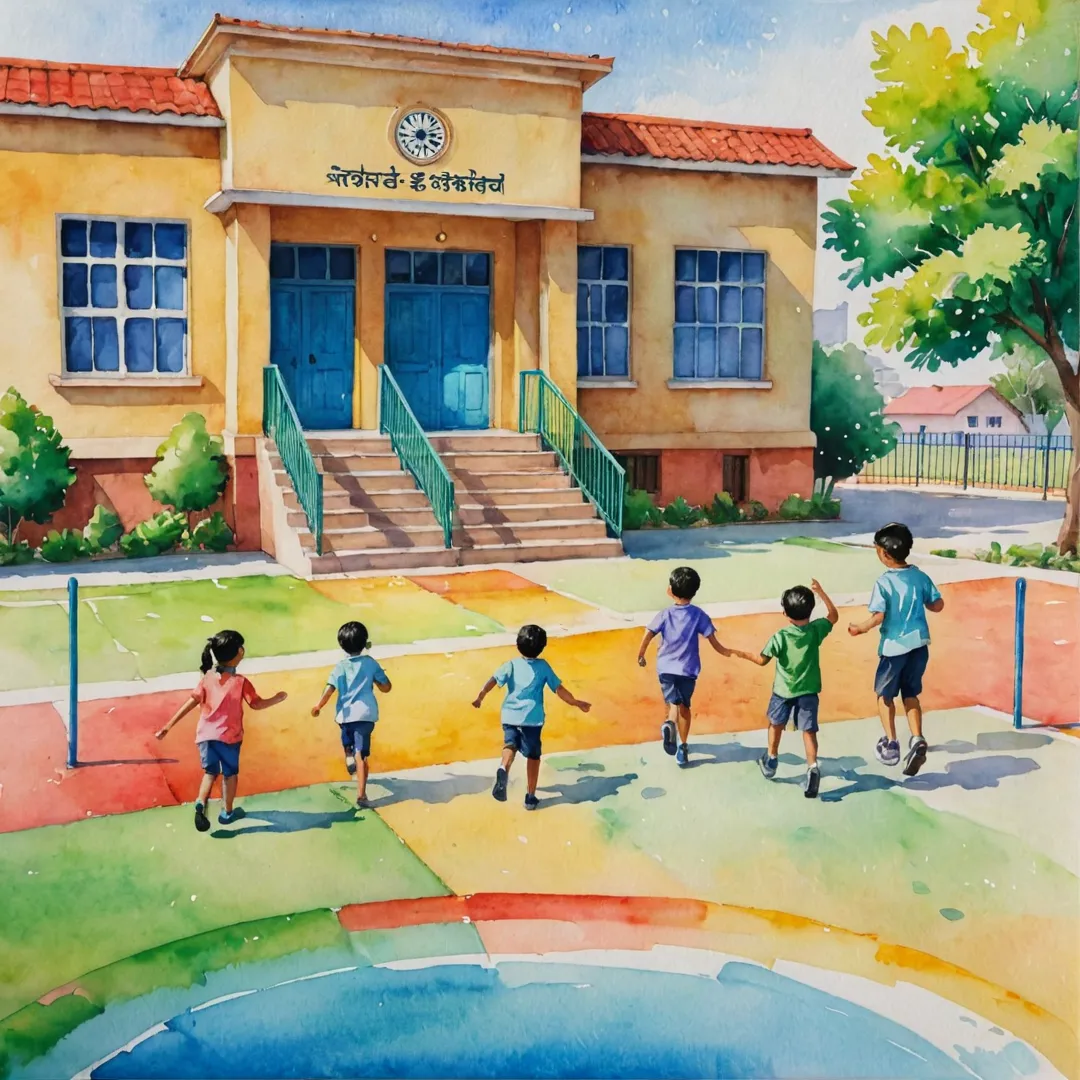 chool building, playground, students playing, bright colors, learning environment, happy faces, nearby neighborhood