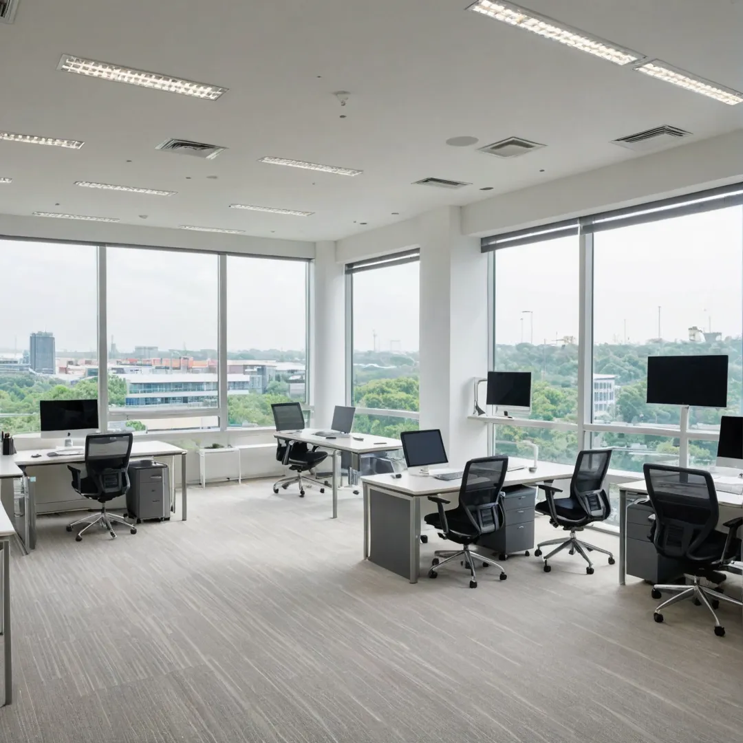 odern office space with floor-to-ceiling windows, featuring a stylish workstation and meeting area. The room is brightly lit by natural light and equipped with high-tech devices like touchscreens and smart projectors. In the background are other offices in different stages of development, showcasing the potential for growth at GR Tech Park.