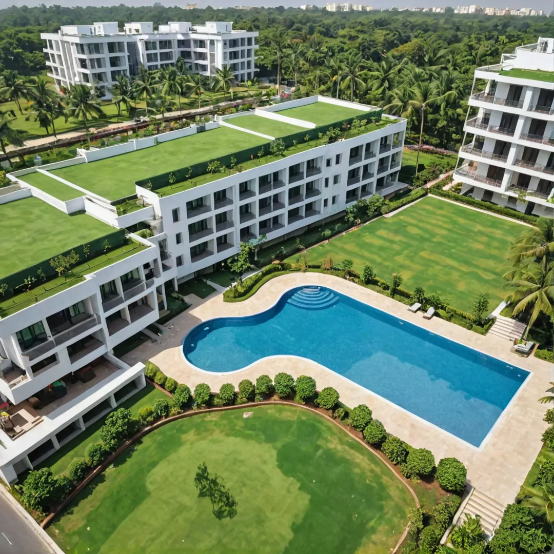 uxurious residential complex, modern architecture, spacious green areas, well-maintained roads, high-end facilities, community engagement, outdoor activities, swimming pool, clubhouse, party hall, gym, lush parks, sustainable design