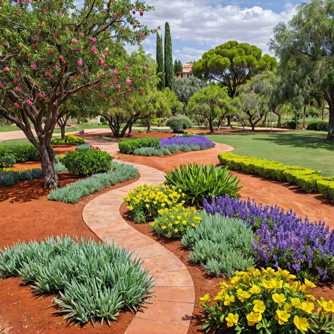 hoto of vibrant flora thriving on red soil, Jacaranda mimosae and Spanish cherry trees in foreground, Alita's eco-friendly landscape design showcased.