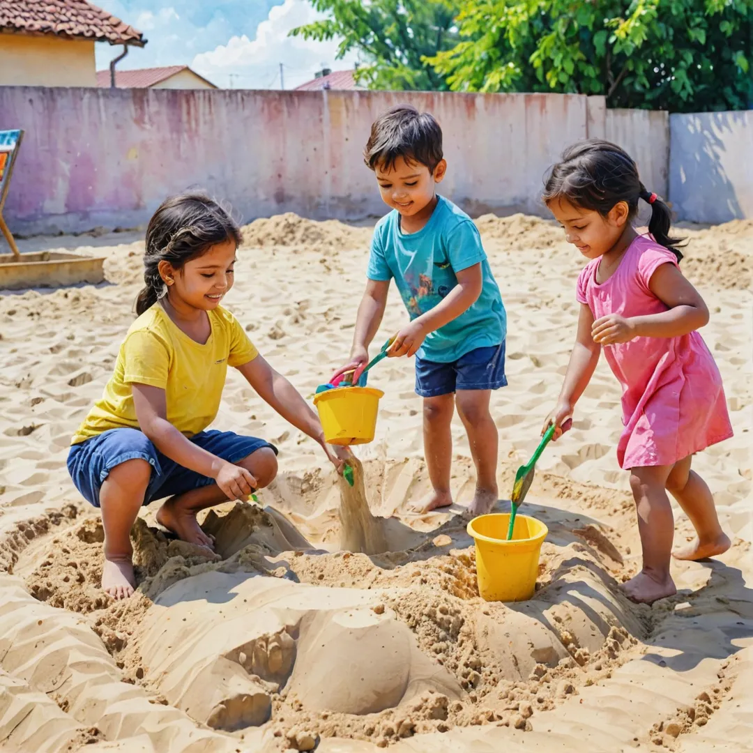 hildren playing in a sandpit, watercolor painting style, bright colors, joyful atmosphere, creativity, imagination, collaboration, sensory exploration