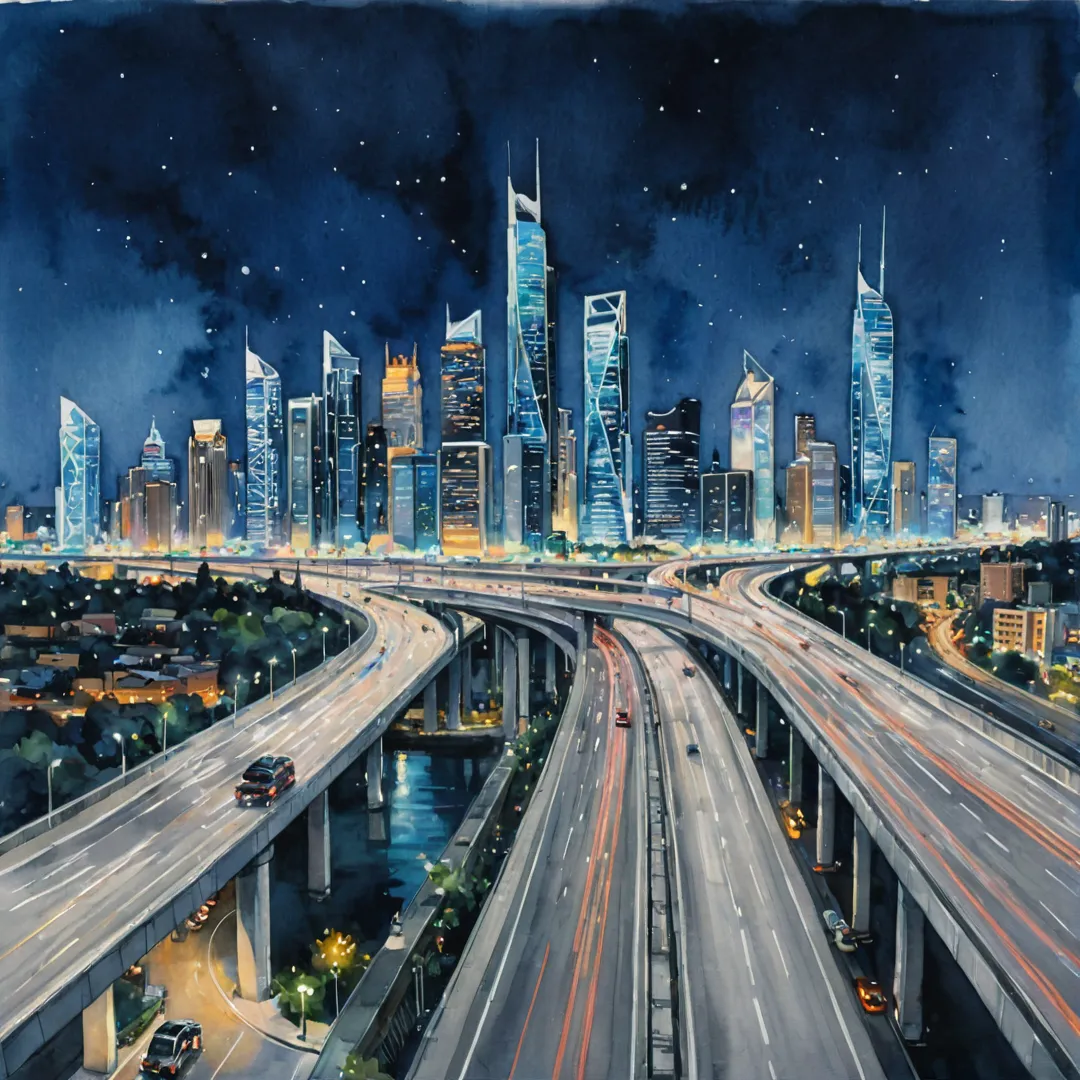 igh-quality rendering of a modern cityscape at night, featuring Alita in the foreground with its sleek architecture and vibrant lights. The background showcases the bustling traffic on highways and expressways, as well as the illuminated landmarks that dot the skyline. A sense of movement and energy should be conveyed through the image.