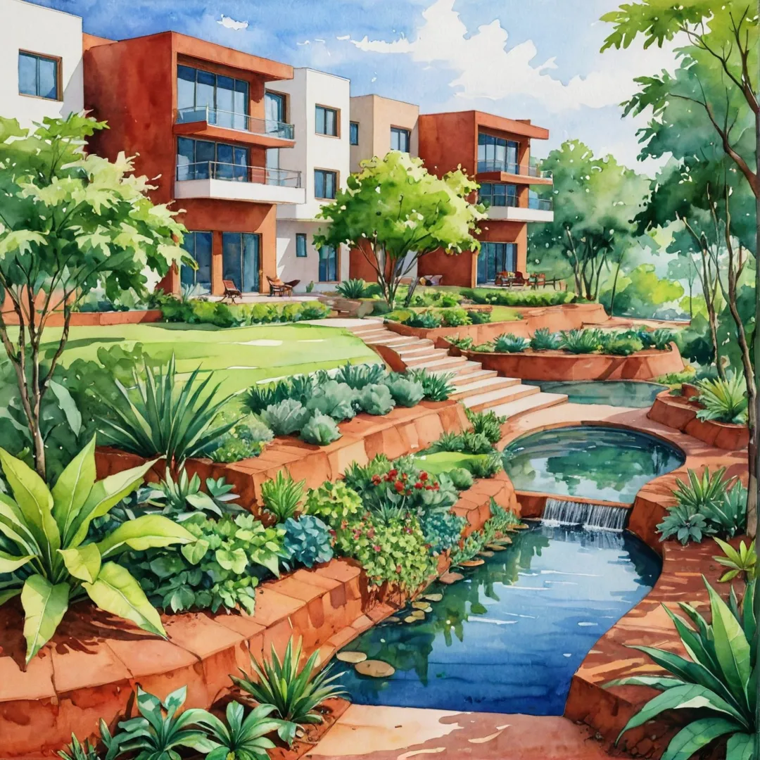 ibrant greenery, sustainable living, modern architecture, red soil, natural beauty, community spaces, harmonious environment, urban bliss