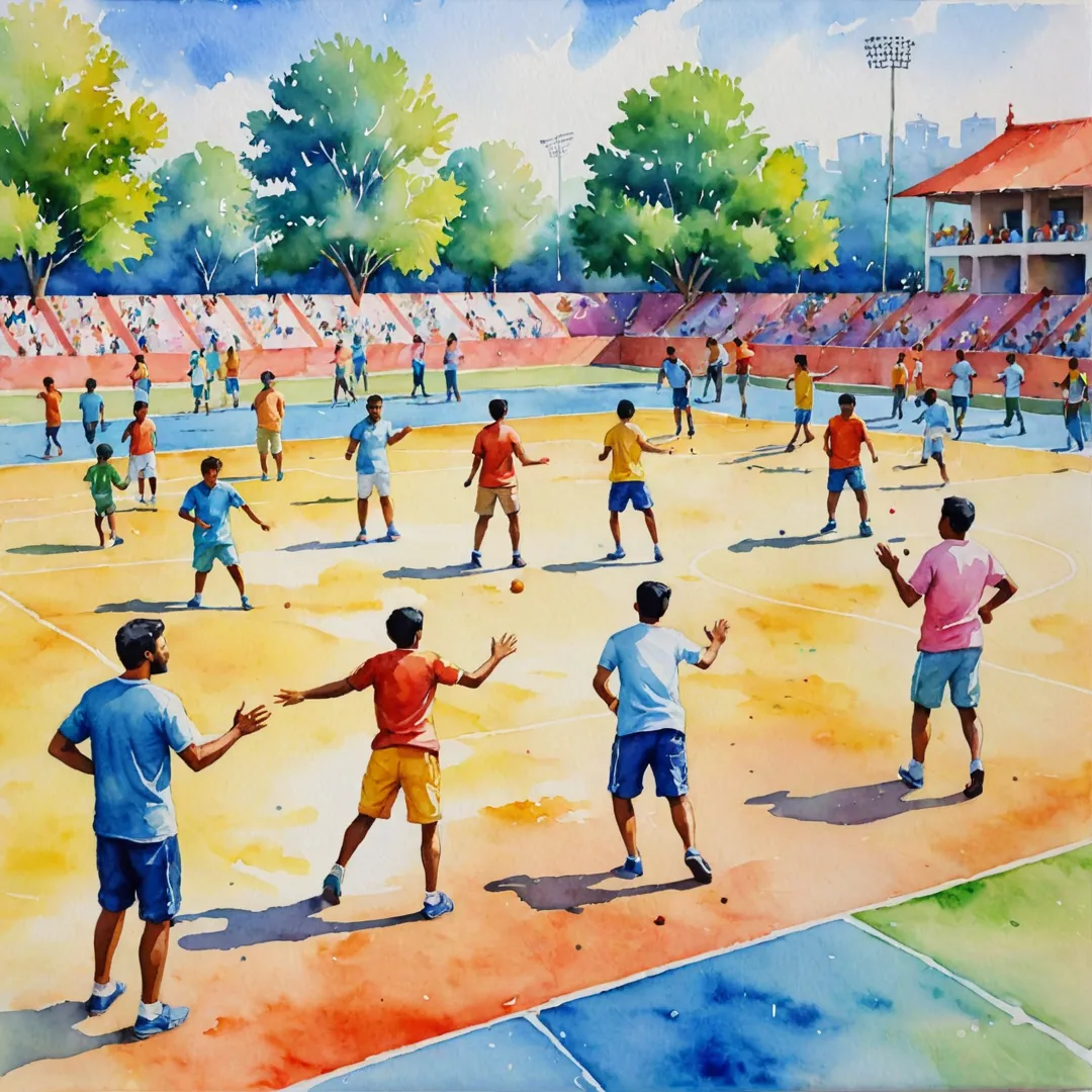 atercolor painting of a colorful sports ground, people playing games, laughing and having fun, vibrant colors, community spirit