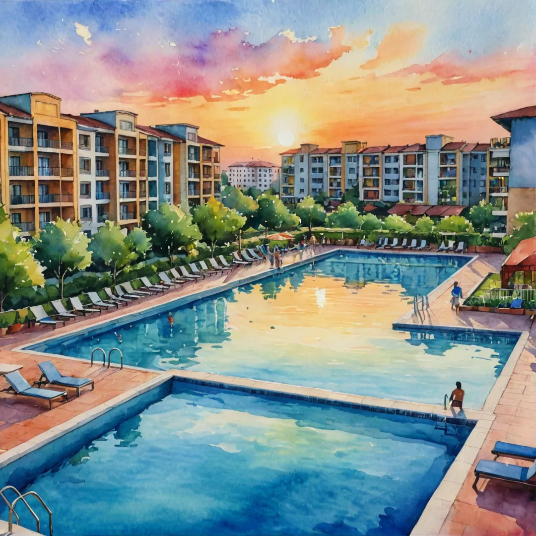 atercolor painting of an idyllic sunset over a vibrant community, with modern apartments in the background and people socializing around a swimming pool. The colors are warm and inviting, capturing the peaceful essence of Alita while showcasing its thriving IT professional environment.