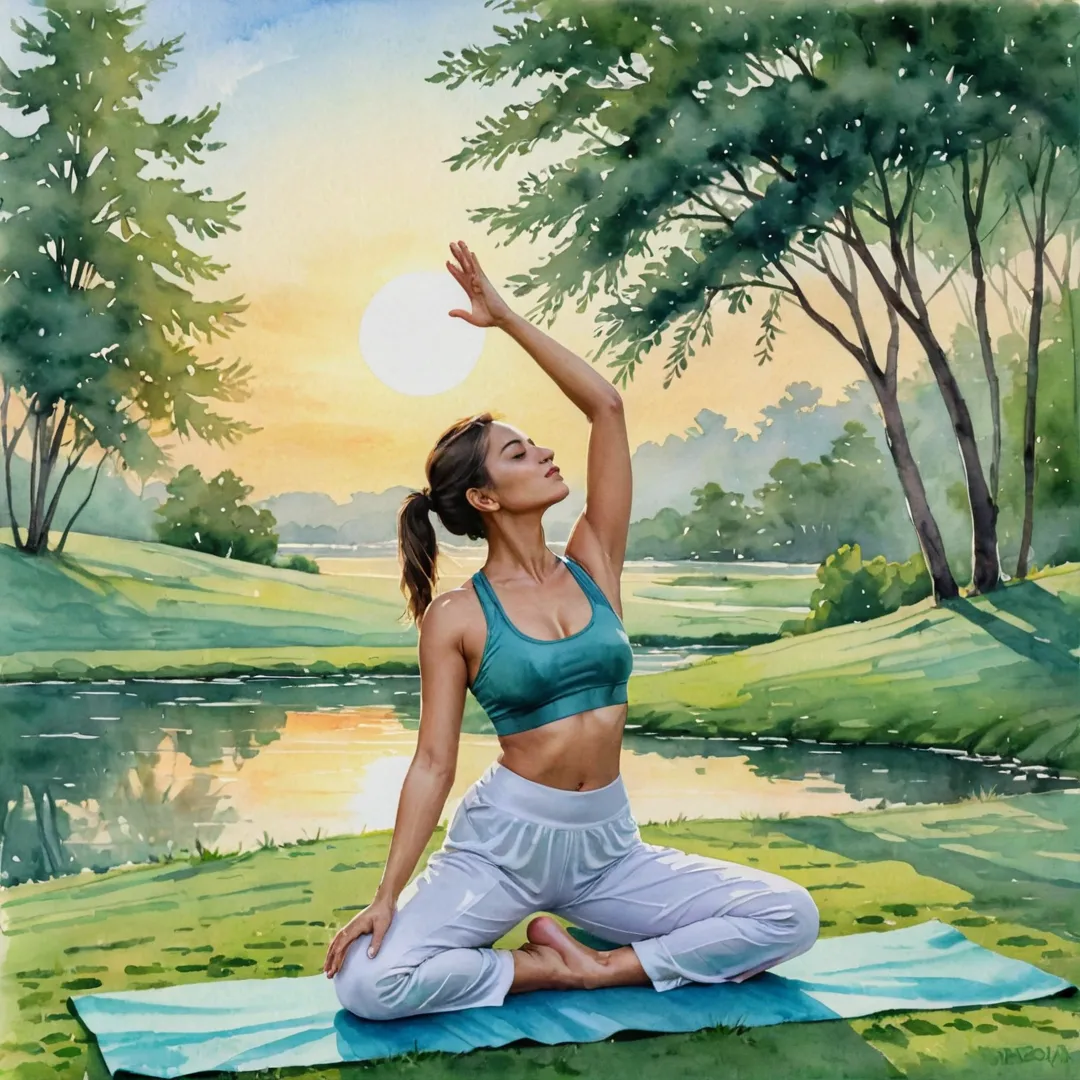 oman in yoga pose, outdoor setting, sunrise, serene environment, green grass, trees surrounding her, sense of peace