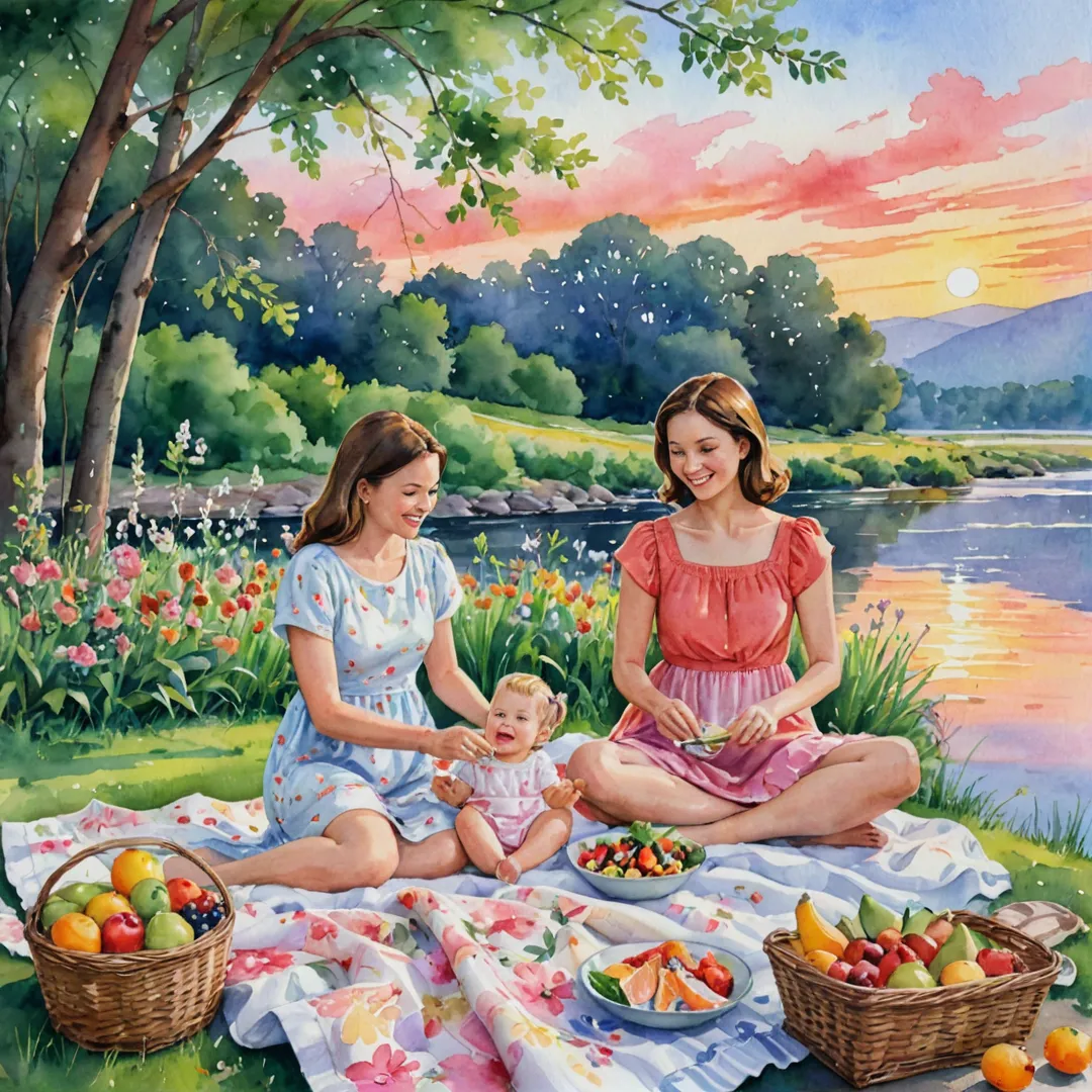 ibrant watercolor painting of a family enjoying an evening picnic by the river, surrounded by lush greenery and colorful flowers. The scene depicts the parents and their young daughter laughing together as they spread out a blanket on the grassy bank. The little girl wears a cute pink dress while playing with her doll near their basket of food. Meanwhile, her father grills fish over an open fire while her mother prepares fruit salad. The river flows gently behind them, reflecting vibrant hues of orange and red from the setting sun as birds fly overhead in a picturesque sky full of fluffy white clouds.