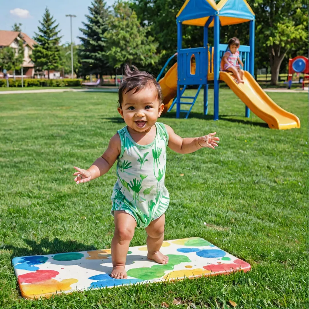 layful toddler, green grass, colorful playground equipment, sunshine, happy parents, outdoor fun