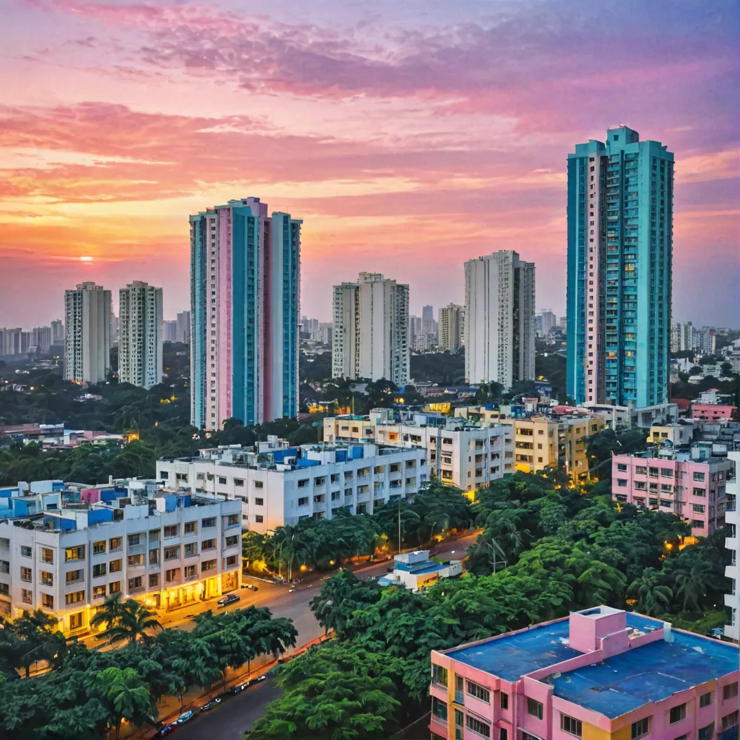 ibrant image of east bangalore skyline at dusk, with colorful highrises and modern architecture contrasting against a pastel sunset background. The shot should capture the energy and growth of the city while also showcasing its unique blend of traditional and contemporary elements.