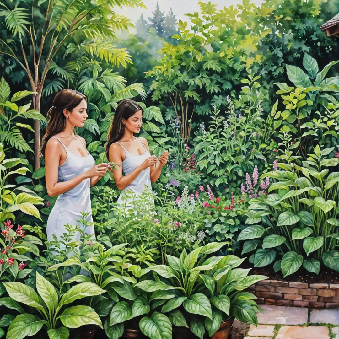 ater color painting of a lush herb garden, with residents tending to plants, interacting with each other, and enjoying the peaceful surroundings. The scene showcases various medicinal plants growing in harmony, reflecting the holistic living concept promoted by Alita.