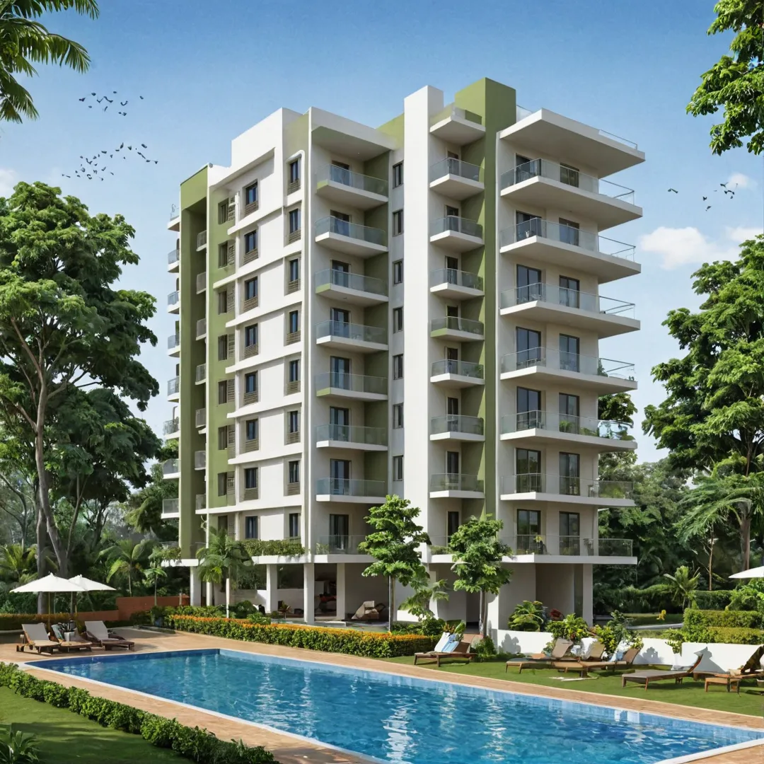 igh detailed, photo-realistic rendering of a modern residential complex in Kacharakanahalli, Bangalore, showcasing its architectural design and integration with nature. The image should capture the essence of convenience and culture present in Alita, depicting various amenities and surroundings that make it an attractive location for living and working.