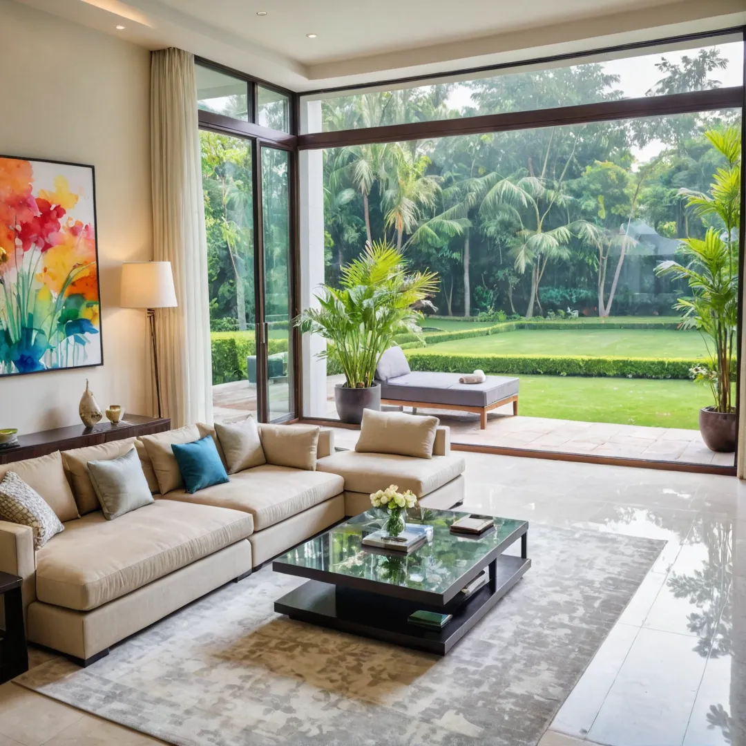 uxurious living room with floor-to-ceiling windows, overlooking a well-manicured garden, capturing the essence of a serene and comfortable environment.