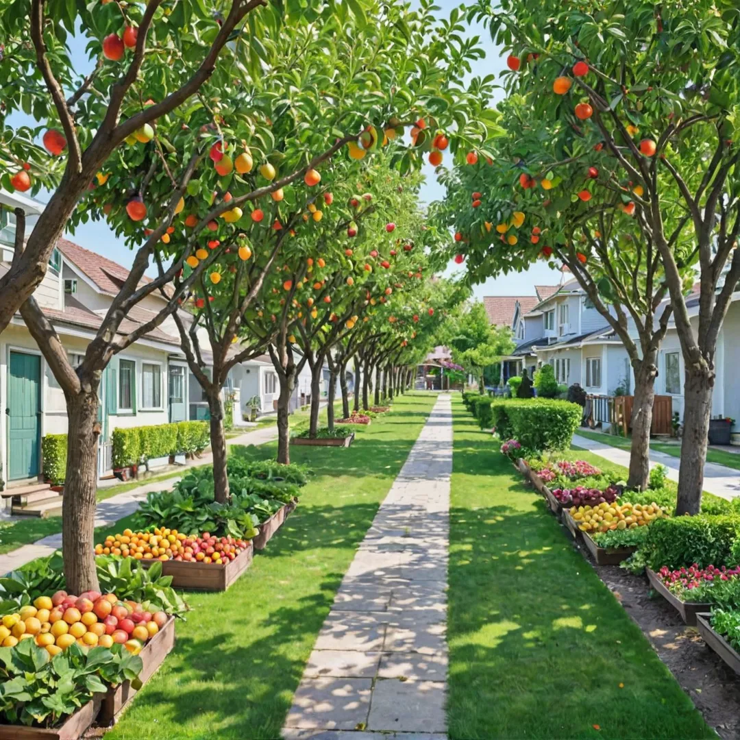 I-generated image of a fruit orchard in a residential area, with lush green trees and colorful fruit hanging from branches. The orchard is surrounded by well-maintained houses and landscaping, creating a serene and peaceful atmosphere. In the background, there are people walking their dogs or jogging on pathways that wind through the orchard, taking in the fresh air and scenery.