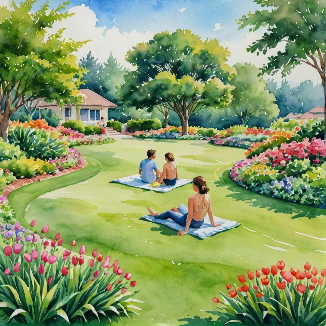 eople relaxing on a lazing grass mound in a serene gated community, surrounded by lush greenery and colorful flowers. The watercolor painting captures the tranquility of the scene as residents unwind and chat under the warm sunshine.