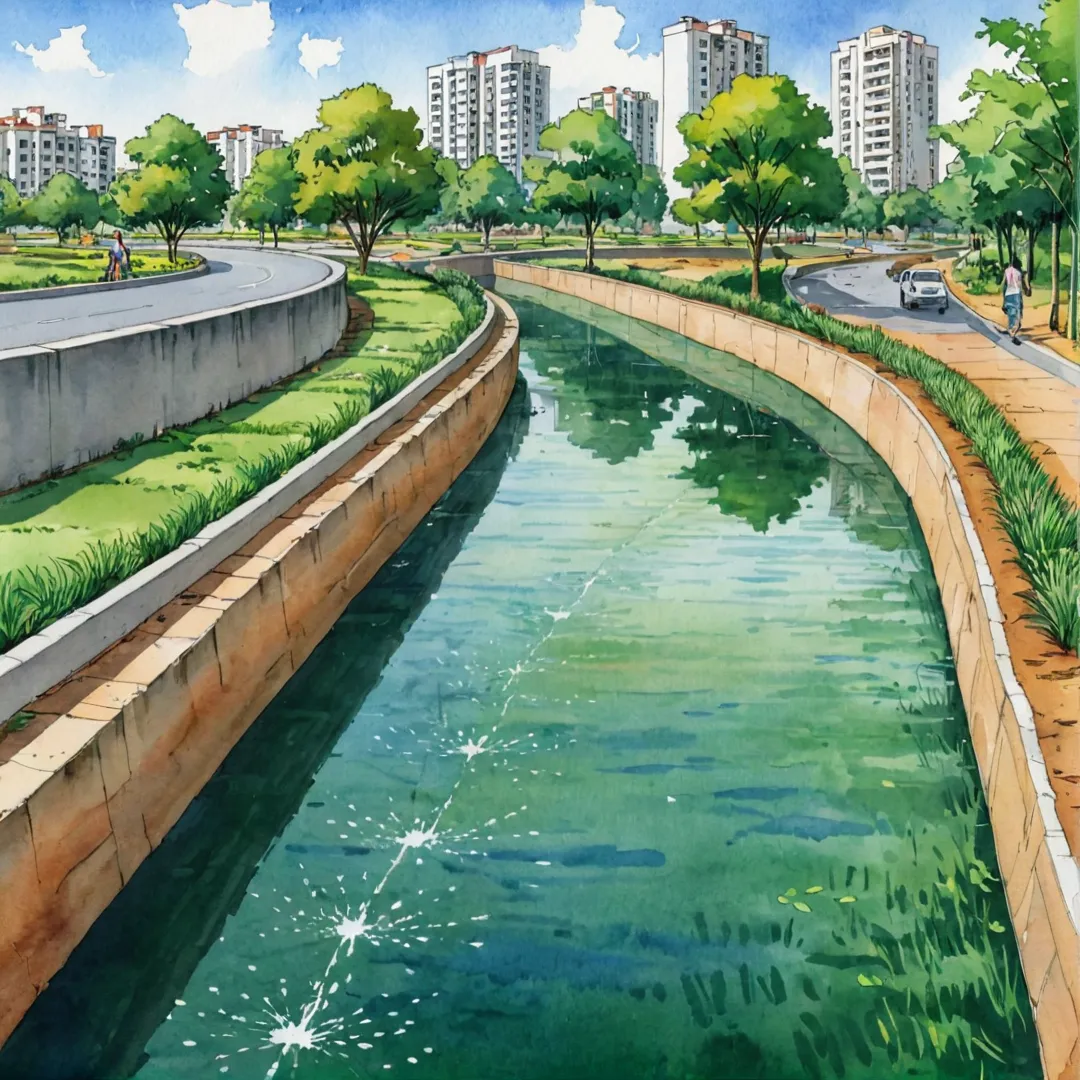 tormwater management system, rainwater harvesting, underground water network, balancing supply and sustainability, Bangalore skyline, urban development, green living solutions, advanced infrastructure, eco-friendly community