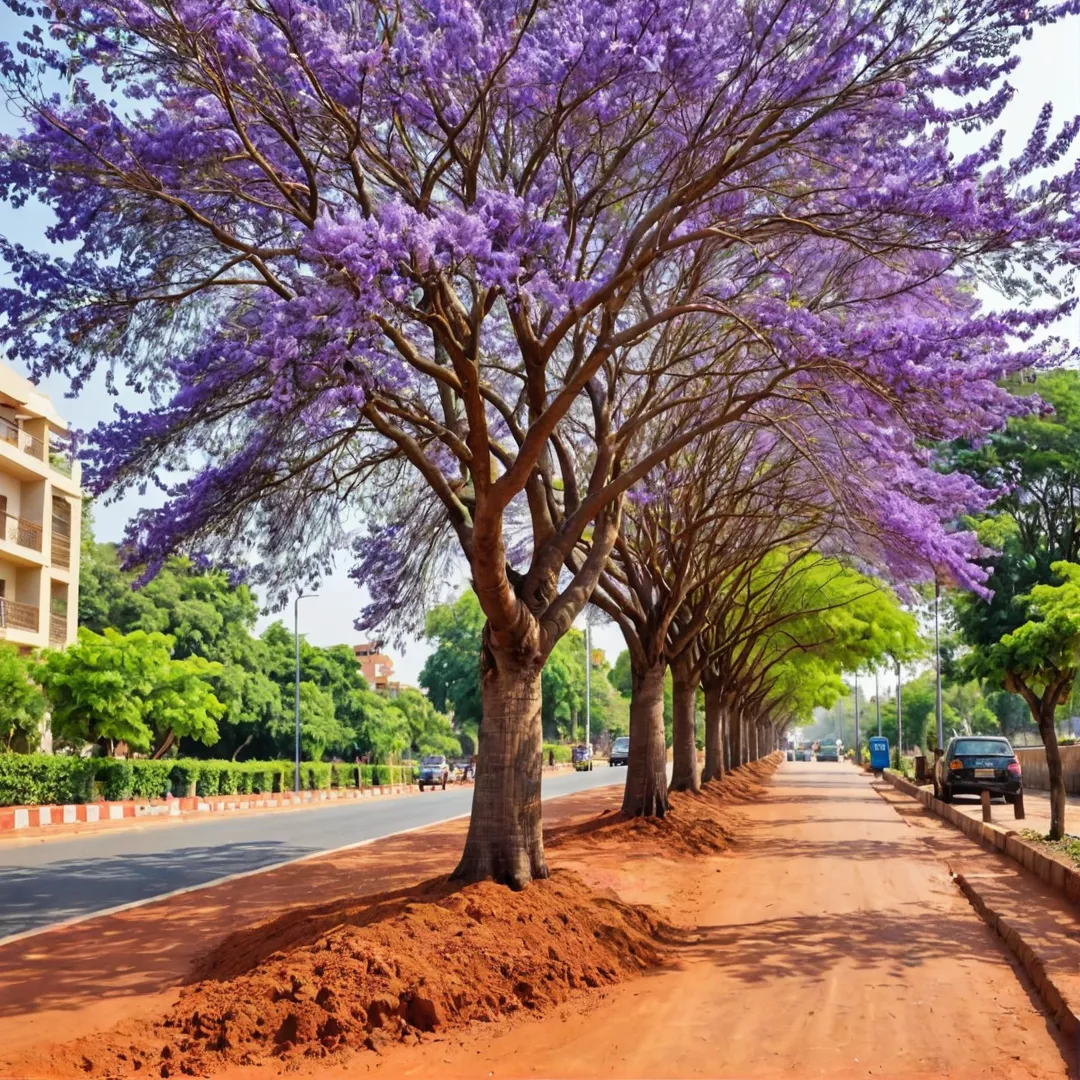 ibrant jacaranda mimosifolia tree in full bloom, red soil underneath, background of soukya road, bangalore east, sunlight streaming through leaves, creating a serene atmosphere.