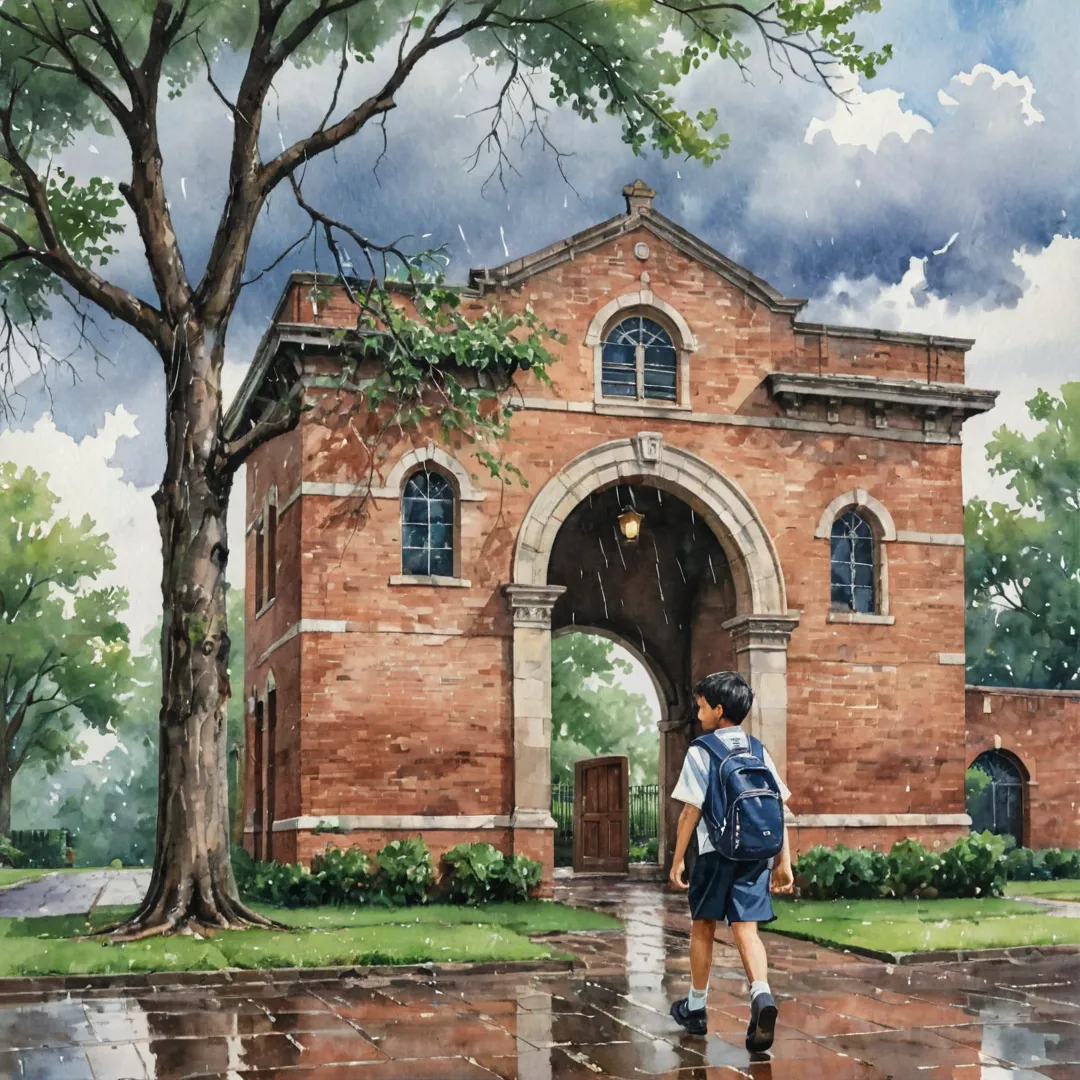 atercolor painting of a young boy wearing a school uniform, walking with a backpack in the rain, towards an old-fashioned brick building with arched windows, under a big tree that is shedding its leaves. The sky has dramatic clouds and lightning bolts in the distance, creating a mysterious atmosphere.