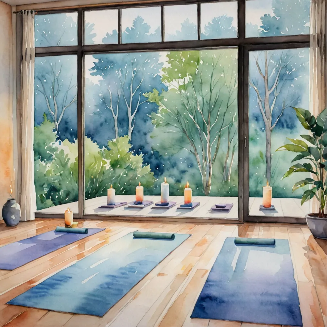 atercolor painting of a serene yoga studio, dim lights, candles flickering, mats laid out neatly, large windows overlooking nature, tranquil scene, harmonious colors