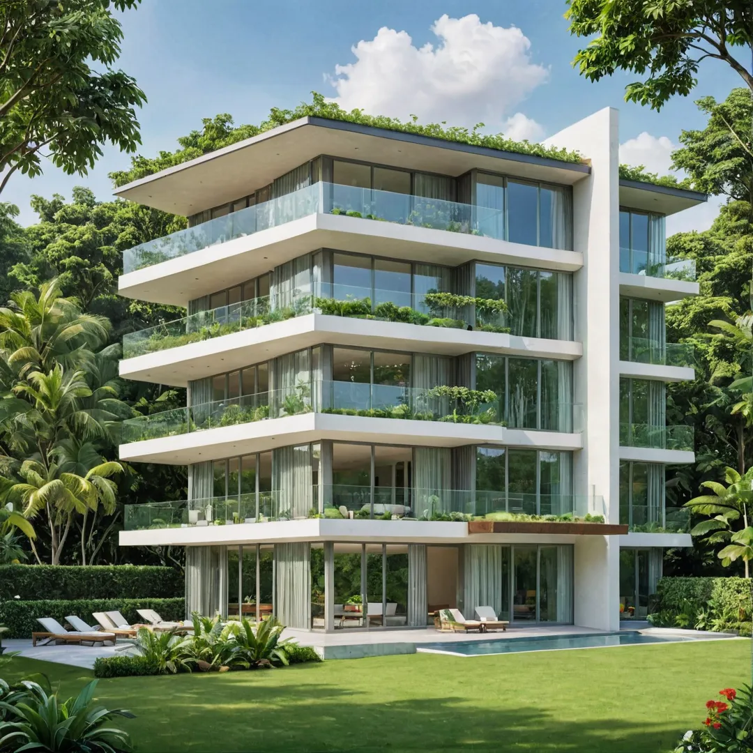 ender of a luxurious apartment with floor-to-ceiling windows overlooking a lush green garden, showcasing modern architecture and top-notch finishes.