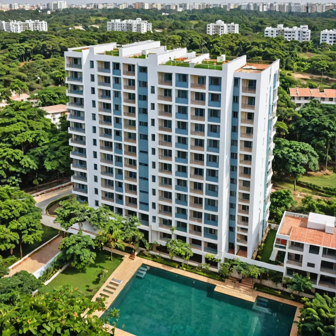 hoto of compliant housing complex, well-planned living spaces, sustainable community, Bangalore skyline, modern architecture, greenery, security features