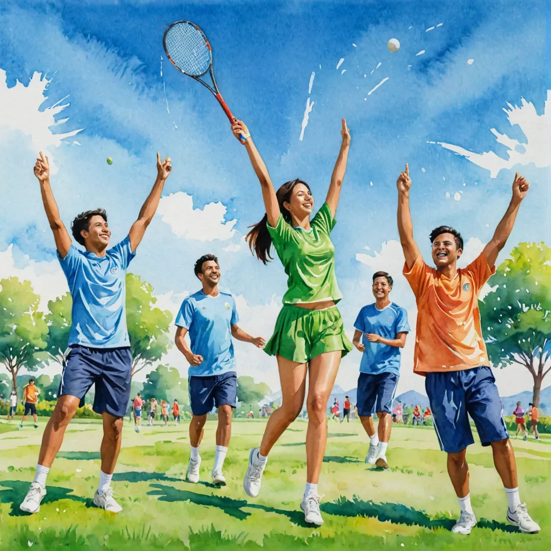 eople playing sports, friends cheering each other on, colorful uniforms, bright smiles, green grass, blue sky, healthy lifestyle, community bonding, active living, outdoor recreation