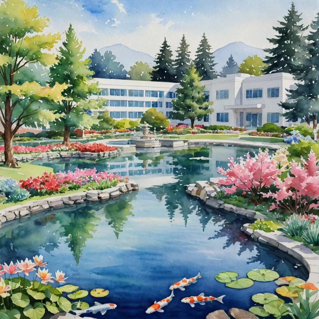 atercolor painting of a serene hospital scene, featuring a beautiful garden with blooming flowers, a peaceful pond with koi fish, and a white, elegant building in the background, representing a reliable clinic or hospital close to Alita. The painting captures the tranquility and warmth of the environment, inviting patients and visitors alike to seek comfort and healing within its walls.